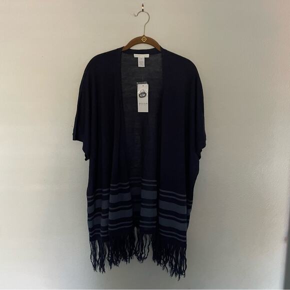 Navy Wrap Sweater Open Cardigan with Fringe Hem NWT - Picture 2 of 6